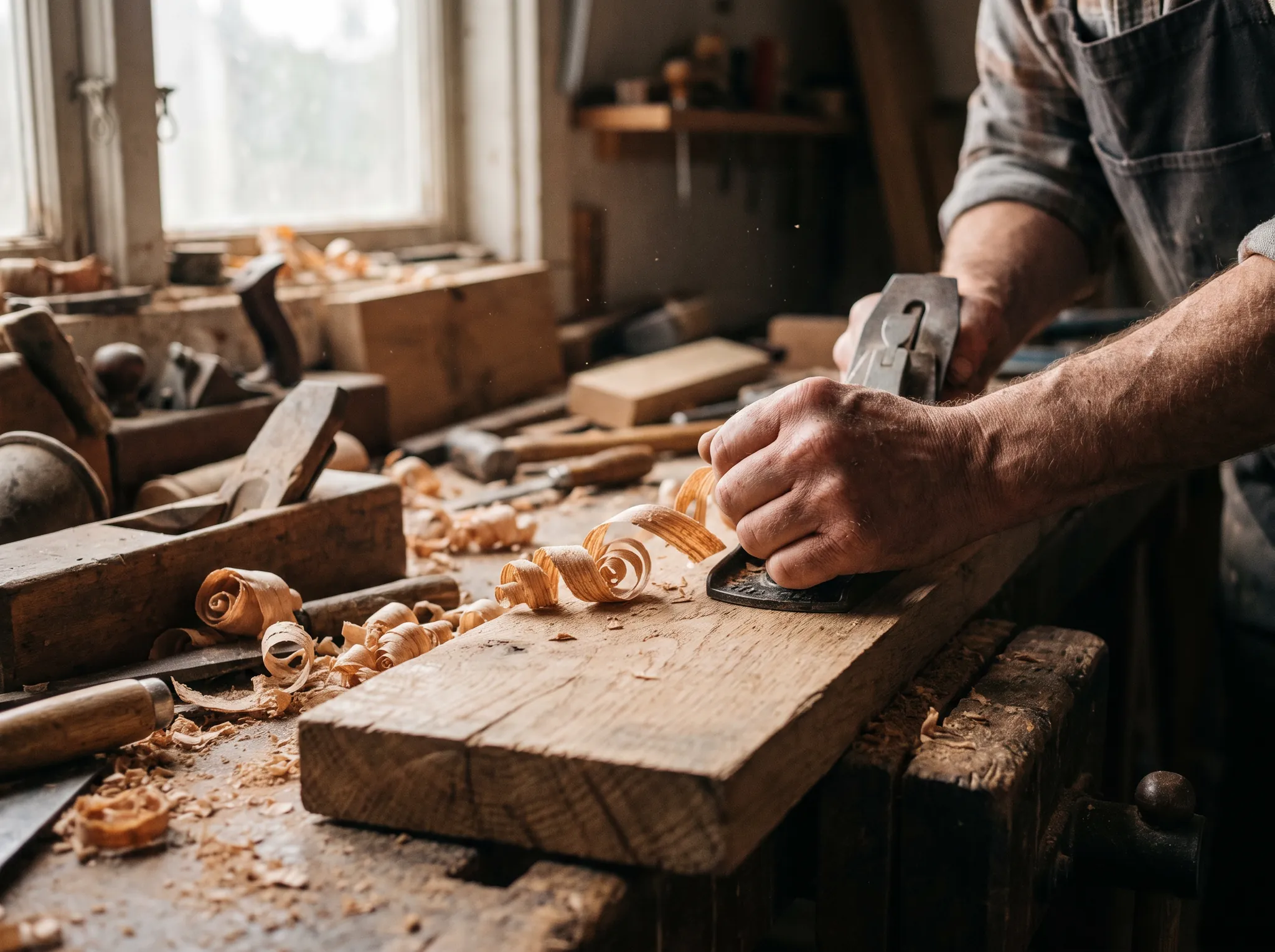 Le mani di un falegname che pialla una tavola di rovere