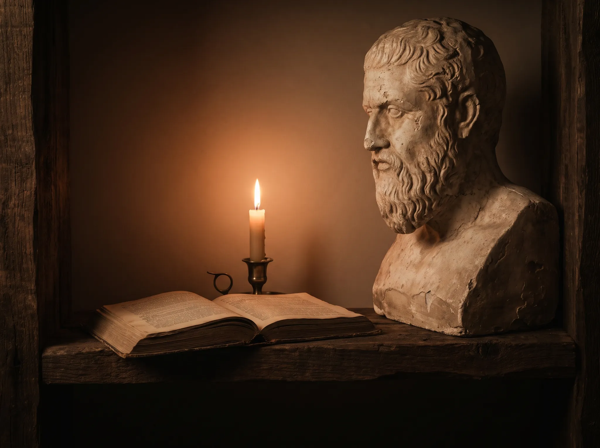 Un busto di filosofo antico accanto a una candela